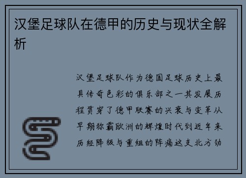 汉堡足球队在德甲的历史与现状全解析