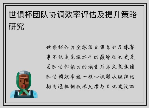世俱杯团队协调效率评估及提升策略研究